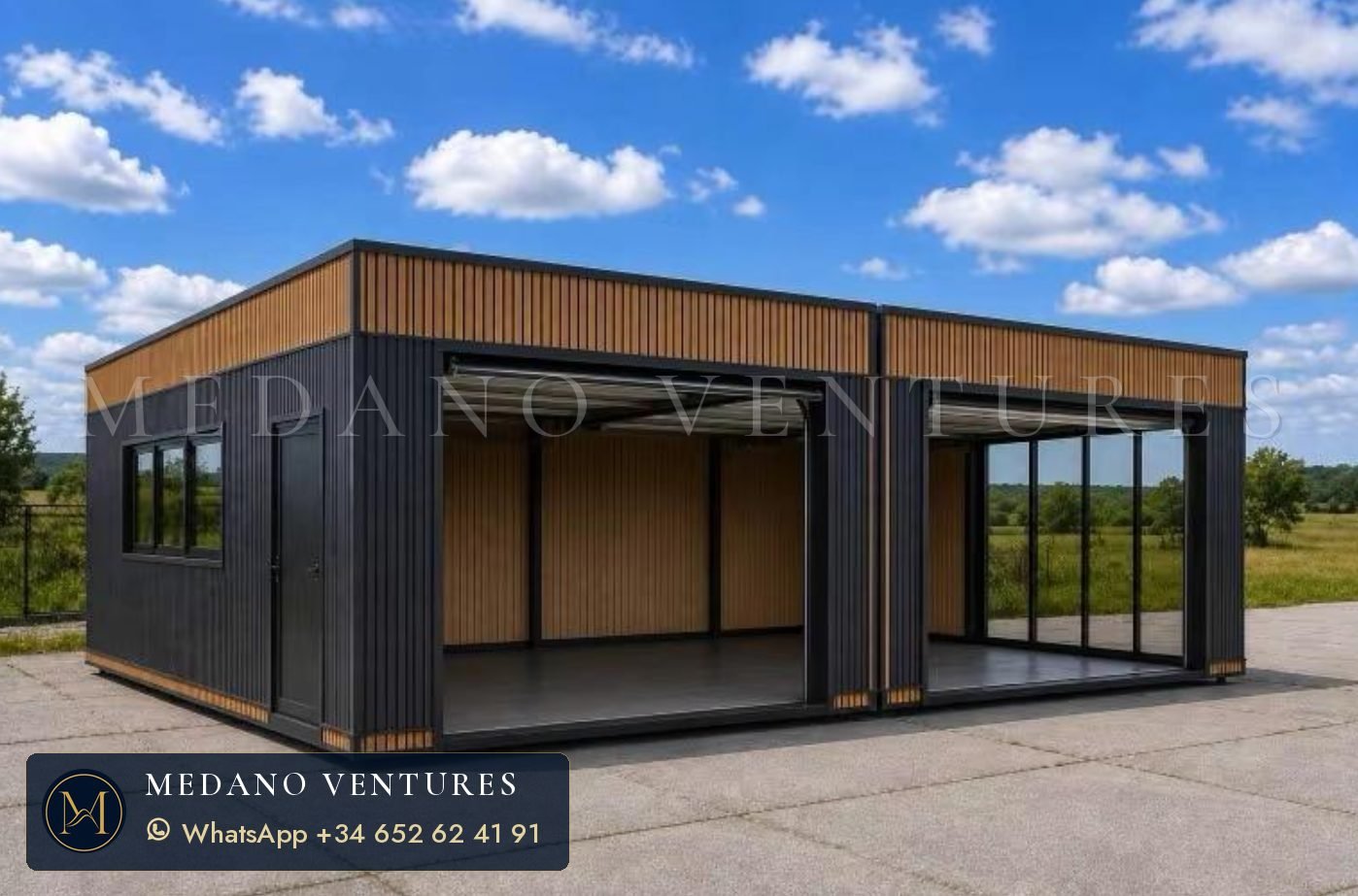 Carport abierto con acabado imitación madera y cubierta plana